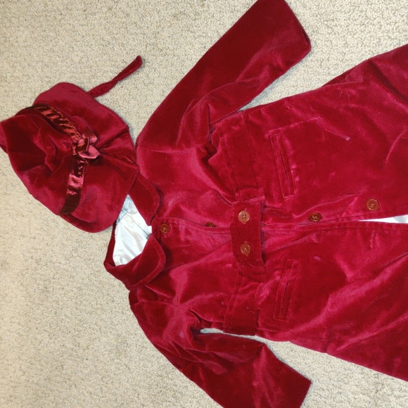 Infant Girls Baby Gap Red Velvet Coat with Matching Bucket Hat - Picture 1 of 5